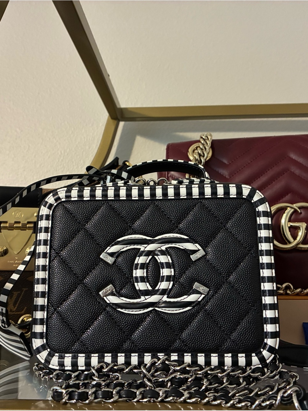 CHANEL Black Quilted Camera Bag with Black & White Striped Trim